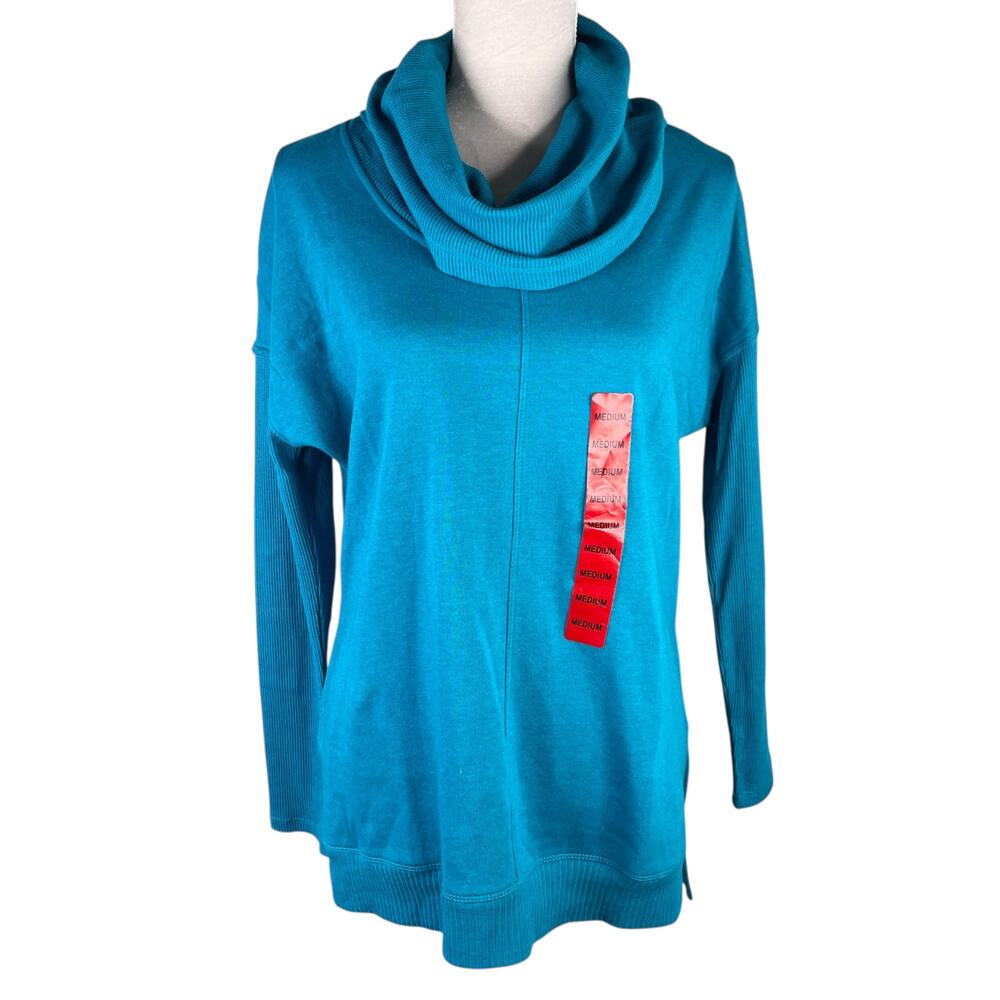Andrew Marc NY Performance Fleece Cowl Neck Tunic Top Azure Turquoise M New